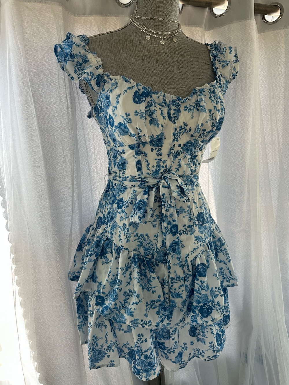 Crystal Doll White Mini Dress with Blue Floral Print